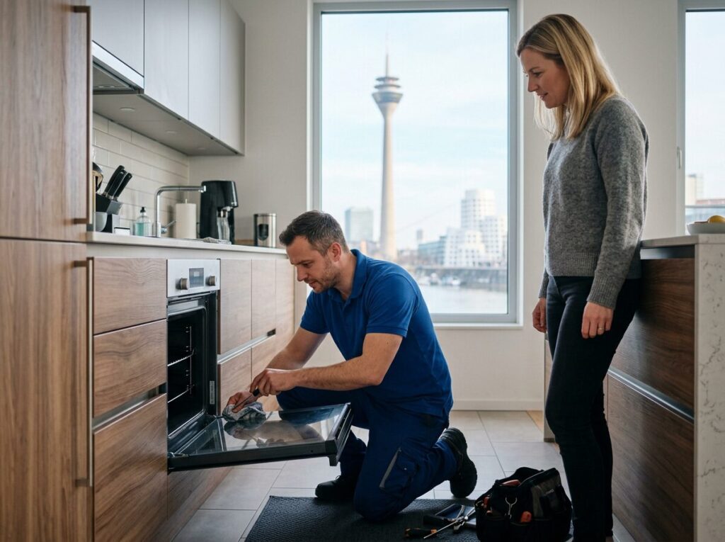 Backofen-Reparatur in Düsseldorf: Kundendienst-Einsatz in der Wohnung, Blick auf den Rheinturm