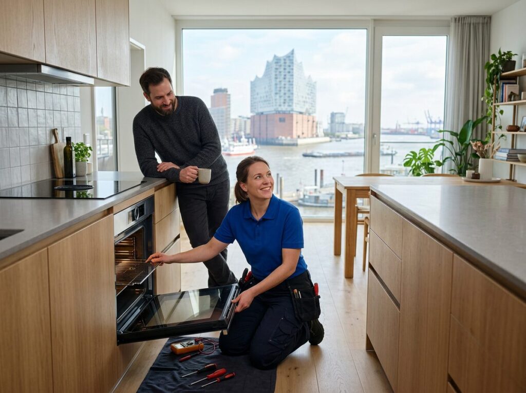 Backofen-Reparatur in Hamburg: Kundendienst-Einsatz in der Wohnung, Blick auf die Elbphilharmonie am Hafen