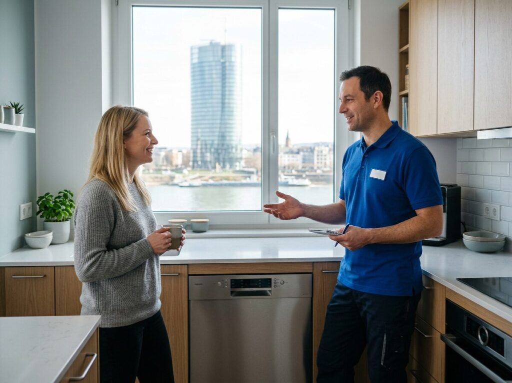 Geschirrspüler-Reparatur in Bonn: Kundendienst-Einsatz in der Wohnung, Blick auf den Post Tower am Rhein