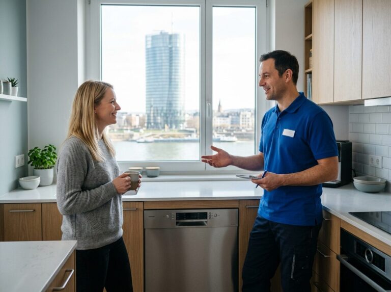Geschirrspüler-Reparatur in Bonn: Kundendienst-Einsatz in der Wohnung, Blick auf den Post Tower am Rhein