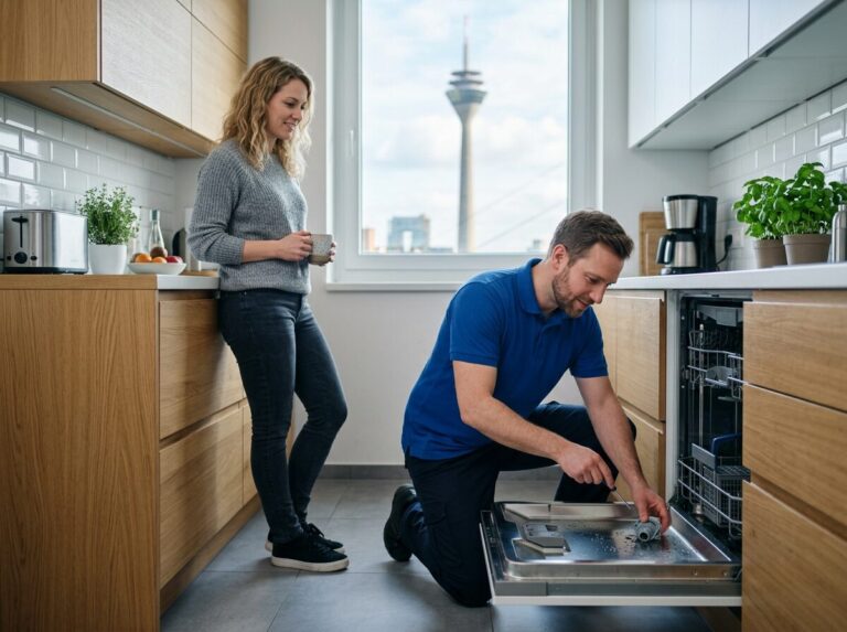 Geschirrspüler-Reparatur in Düsseldorf: Kundendienst-Einsatz in der Wohnung, Blick auf den Rheinturm