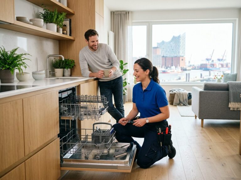 Geschirrspüler-Reparatur in Hamburg: Kundendienst-Einsatz in der Wohnung, Blick auf die Elbphilharmonie am Hafen