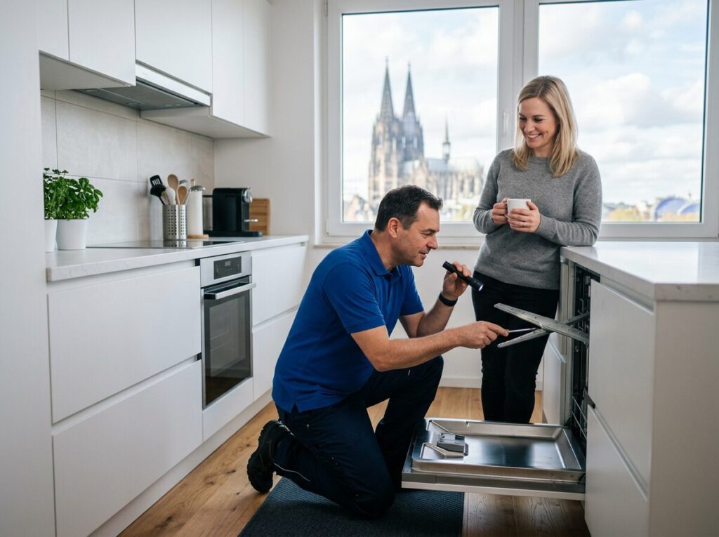 Geschirrspüler-Reparatur in Köln: Kundendienst-Einsatz in der Wohnung, Blick auf den Kölner Dom