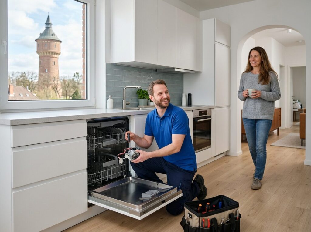 Geschirrspüler-Reparatur in Mannheim: Kundendienst-Einsatz in der Wohnung, Blick auf den Wasserturm