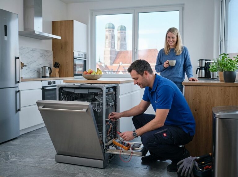 Geschirrspüler-Reparatur in München: Kundendienst-Einsatz in der Wohnung, Blick auf die Frauenkirche