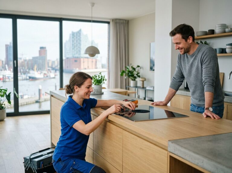 Kochfeld-Reparatur in Hamburg: Kundendienst-Einsatz in der Wohnung, Blick auf die Elbphilharmonie am Hafen
