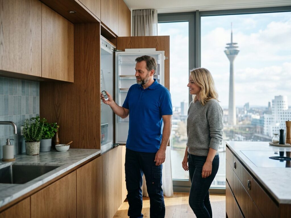 Kühlschrank-Reparatur in Düsseldorf: Kundendienst-Einsatz in der Wohnung, Blick auf den Rheinturm