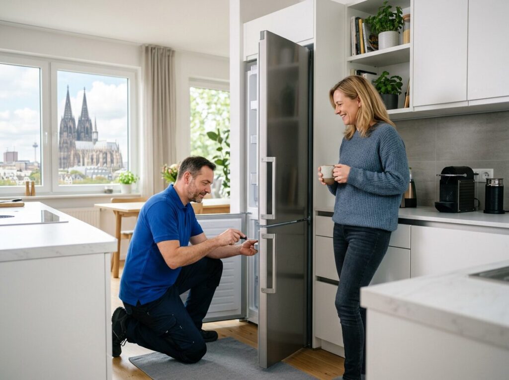 Kühlschrank-Reparatur in Köln: Kundendienst-Einsatz in der Wohnung, Blick auf den Kölner Dom
