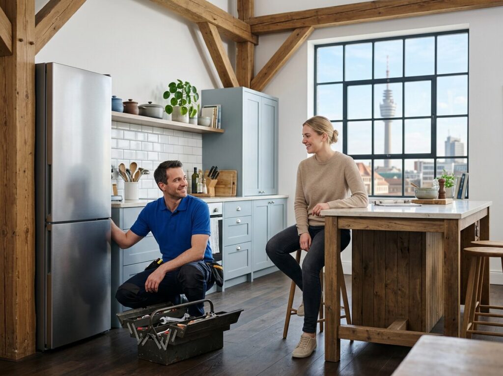Kühlschrank-Reparatur in Leipzig: Kundendienst-Einsatz in der Wohnung, Blick auf die Leipziger Innenstadt