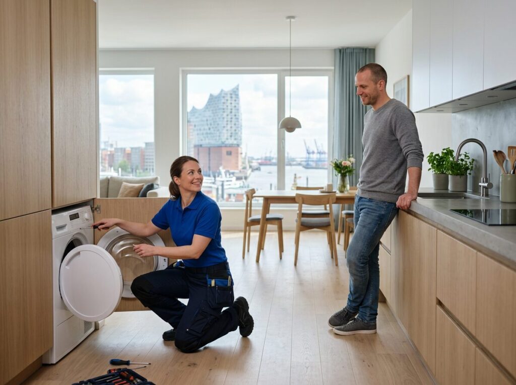 Trockner-Reparatur in Hamburg: Kundendienst-Einsatz in der Wohnung, Blick auf die Elbphilharmonie am Hafen