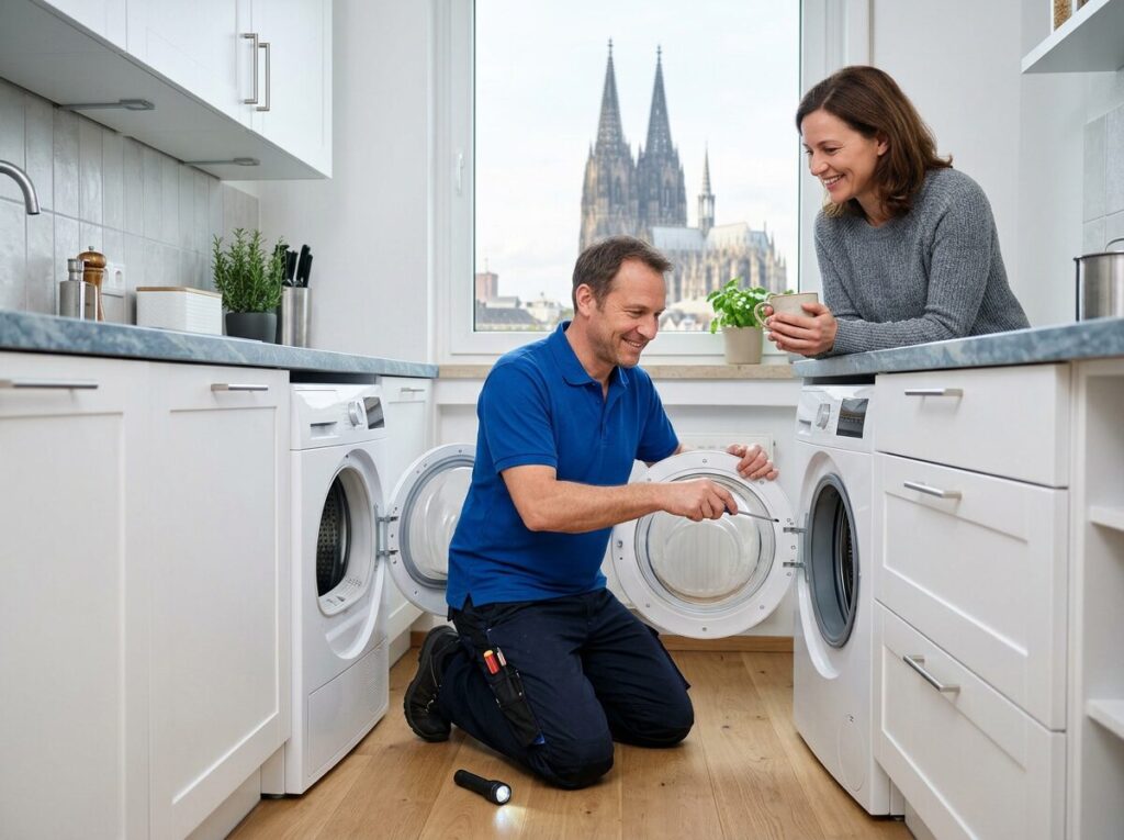 Trockner-Reparatur in Köln: Kundendienst-Einsatz in der Wohnung, Blick auf den Kölner Dom
