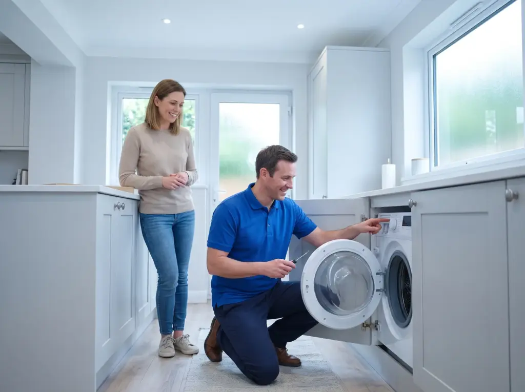 Kundendienst-Techniker repariert eine Waschmaschine in der Wohnung eines Kunden